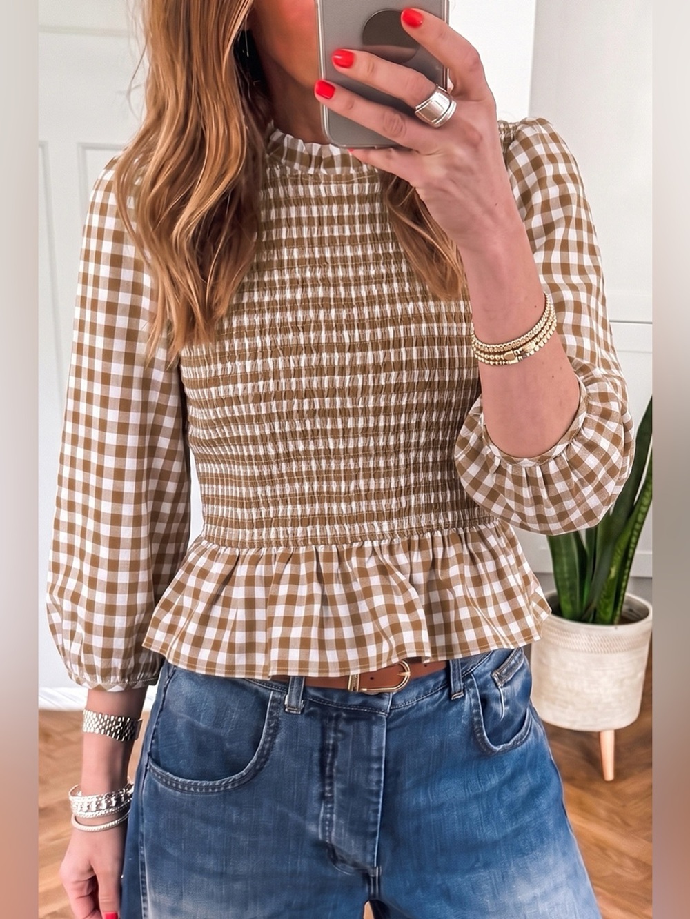 Gingham Smocked Ruffled Hem Blouse